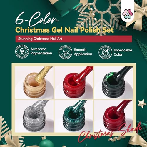 SAVILAND Christmas Gel Nail Polish Kit - 6 Colors Gel Nail Polish Kit with U V light Christmas Limited Series 2.12oz. Clear Builder Nail Gels UPF 200+ U V Protection Gloves Nail Tech Gifts