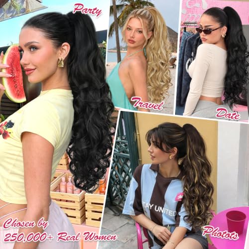 ALXNAN 24 Inch Curly Wavy Ponytail Extension Black | Clip-In Hair Extension