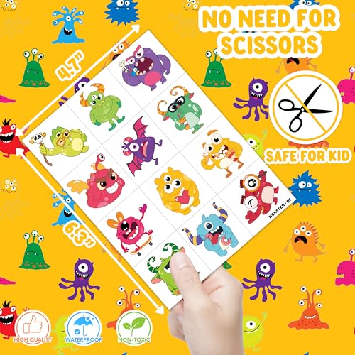 96 PCS Monster Pre-Cut Temporary Tattoos for Kids | Super Cute Monster Themed Birthday Party Favors, Supplies, Decorations, Fake Tattoo Stickers, School Rewards Prizes & Gifts for Boys & Girls