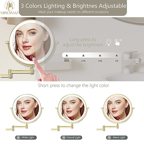 Rechargeable Wall Mounted Lighted Makeup Vanity Mirror 8 Inch Double Sided 1X 10X Magnifying Bathroom Mirror, 3 Color Lighting, Touch Screen Dimming, 360 Rotation Shaving Mirror Gold