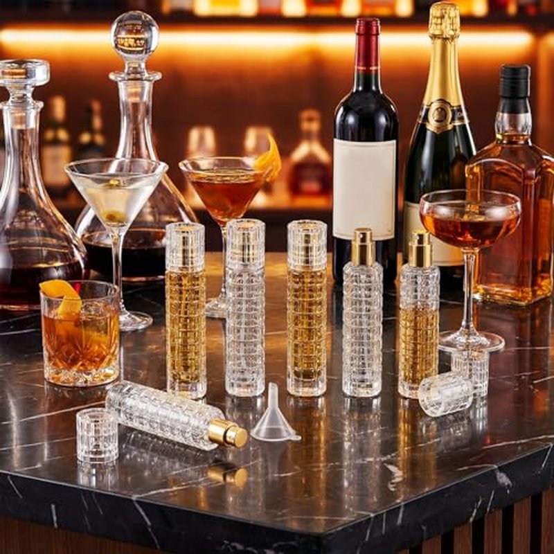 6 Pack Cocktail Atomizer Spray Bottles 1oz / 30ml with Funnels, Refillable Glass Absinthe and Perfume Atomizing for Bitters Vermouth, Fine Mist Travel Sprayer for Bar Kitchen(Gold)