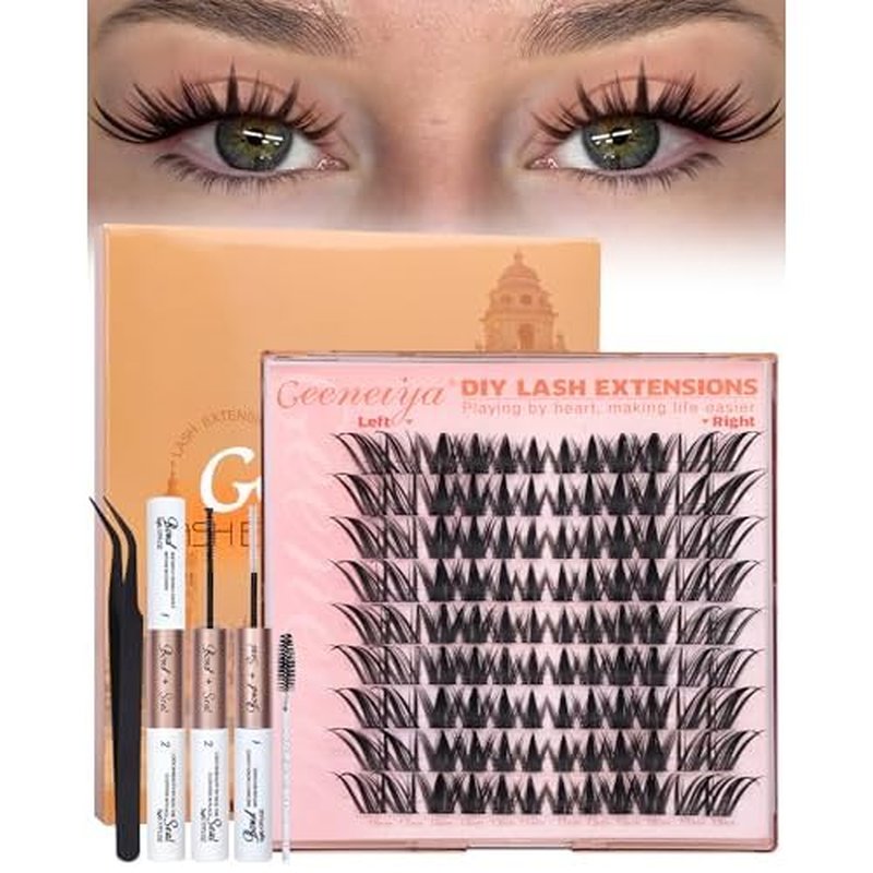 Geeneiya Manga Lash Clusters Kit, 11-19mm Fox Eye Lash Extension Kit, C Curl Left & Right Cat Eye Lashes, DIY Cluster Eyelash Extension Kit with Lash Bond and Seal Lash Tweezers for Beginners