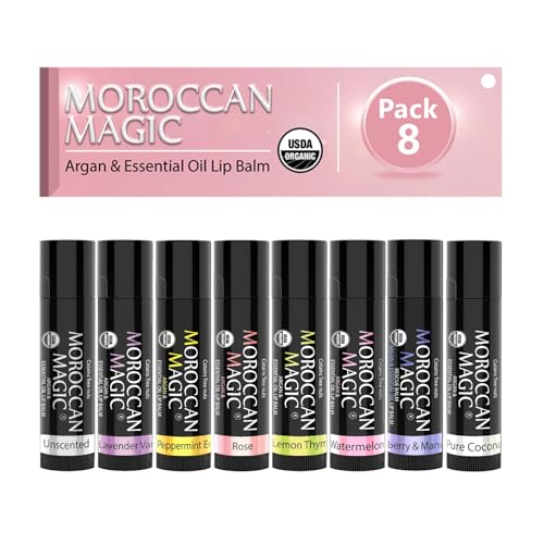 Organic Lip Balm Set - 8 Piece Variety Pack with Argan & Essential Oils