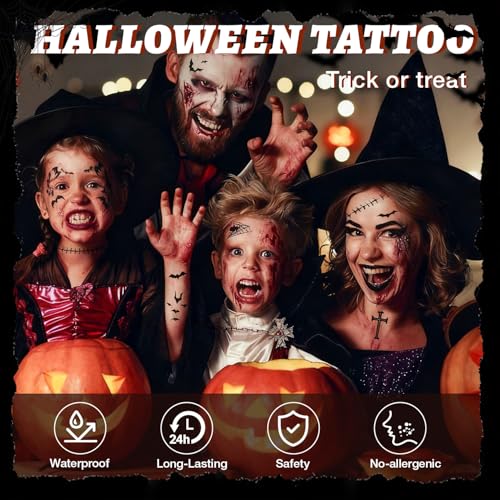 Halloween Face Tattoos, 12 Sheets Halloween Fake Scars Tattoo Makeup Kit, Fake Wound Realistic Blood Injury Cut Scratches Temporary Tatoos for Kids, Adults Men & Women Zombie Sticker