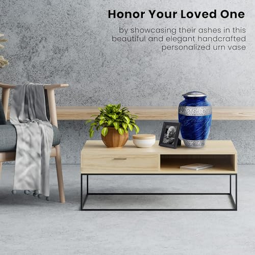 Blue Adult Cremation Urn - Large Memorial Funeral Burial Container with Threaded Lid