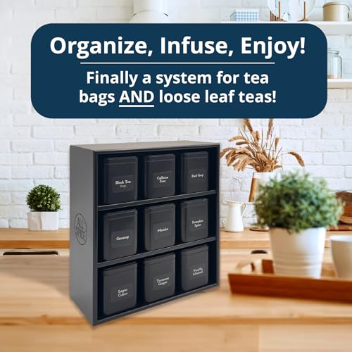 Black AllSpice Tea Organizer Rack with 9 Tins & Magnetic Labels – Kitchen Storage