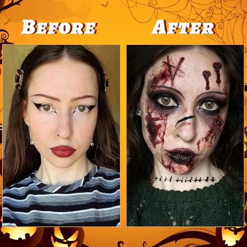 Halloween Face Tattoos, 12 Sheets Halloween Fake Scars Tattoo Makeup Kit, Fake Wound Realistic Blood Injury Cut Scratches Temporary Tatoos for Kids, Adults Men & Women Zombie Sticker