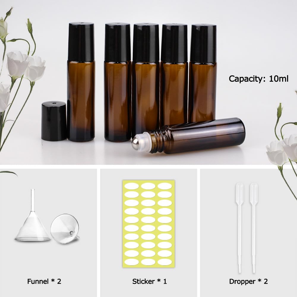 Sungwoo 10ml Amber Glass Essential Oil Roller Bottles Stainless Steel | 12 Pack, Roller Bottles, with Caps, for Travel, Perfume, Lip Gloss