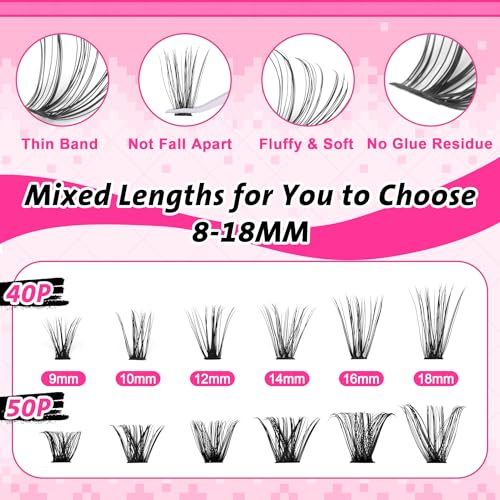 wiwoseo Wispy Lash Clusters Eyelash Extensions Natural Eyelash Clusters 560pcs Individual Lashes 40p+50p DIY Lash Extensions Cluster Lashes Natural Look Lashes Clusters for Beginners (8-18MM)