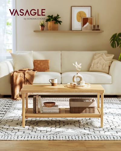VASAGLE 2-Tier Coffee Table with PVC Rattan Storage Shelf - Oak Beige