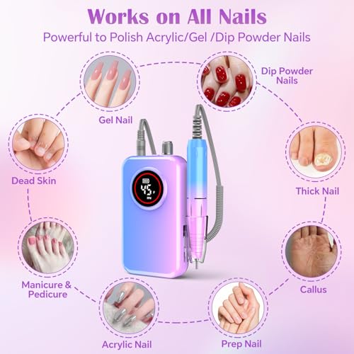 ORFASTAR Pink Nail Drill Pro 45000 RPM Wireless Electric Nail File Kit with 11 Bits & Sanding Bands