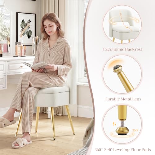 MALOL Beige Vanity Chair with Storage & Open Back, Adjustable Gold Metal Legs