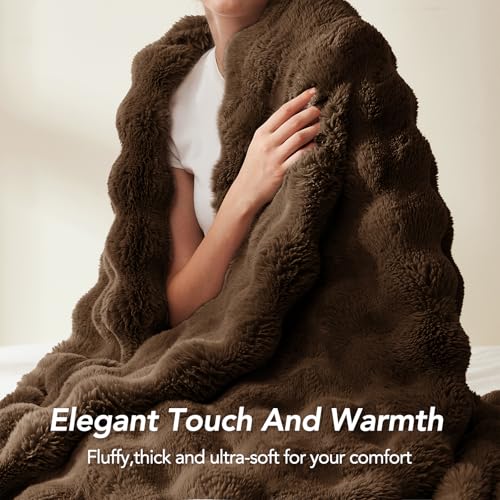 Faux Rabbit Fur Throw Blanket - 90x90 Inches, Cocoa Brown, Reversible & Ultra Soft
