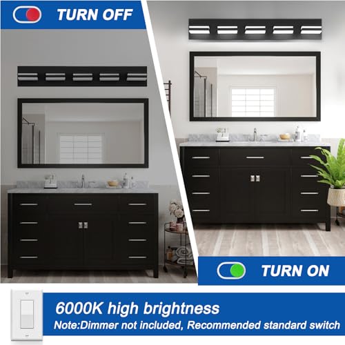 Black 5-Light Dimmable Bathroom Vanity Light Fixture - 360° Rotatable, Matte Black Acrylic Wall Sconce, Over Mirror LED Lighting - 30 Inch