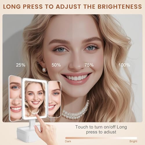 Tri fold Makeup Mirror with Lights,Storage,Magnification,Lighted Makeup Mirror with Storage,Vanity Mirror with Lights, Small Vanity Mirror