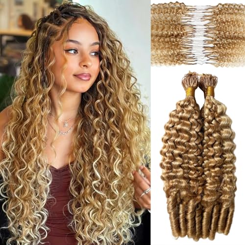 Smavida 18 Inch #27/613 Ombre Burmese Curly Crochet Human Hair Extensions - Pre-Separated Knotless Micro-Loop, 50g/Pack