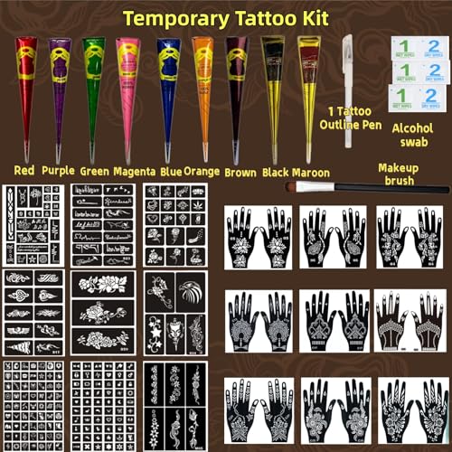 Temporary Tattoo Kit with 225 Reusable Stencils & 9 Colors - DIY Body Art Set - Variation of 9 pcs (9 Colors)