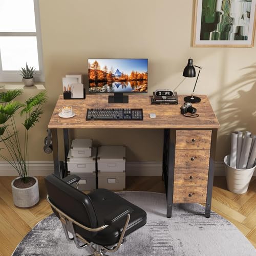 Lufeiya 39.4-Inch Rustic Brown Small Computer Desk with 4 Fabric Drawers, Reversible Kids & Home Office Workspace