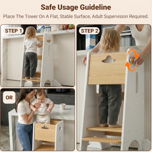Toddler Standing Kitchen Stool with Safety Rail - Natural & White