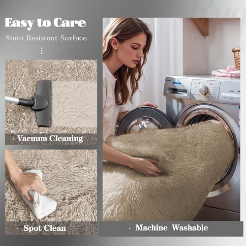 Camel 8x10 Fuzzy Shag Area Rug for Living Room and Bedroom - Washable Plush Carpet