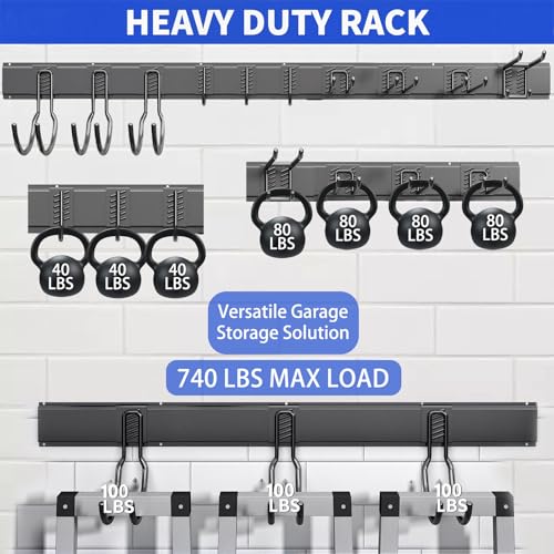 Garage Tool Organizer Wall Mount - 64 Inch Heavy Duty Steel Storage System with 10 Adjustable Hooks - Black