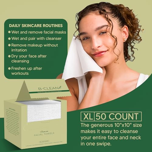 B-Clean Premium Facial Towels - Extra Soft, Tear -Resistant, Lint Free, Disposable, Vegan, Fragrance-Free Hygienic Skincare Towels for Daily Cleansing and Makeup Remover Dry Wipes (50 Count Pack of 2)