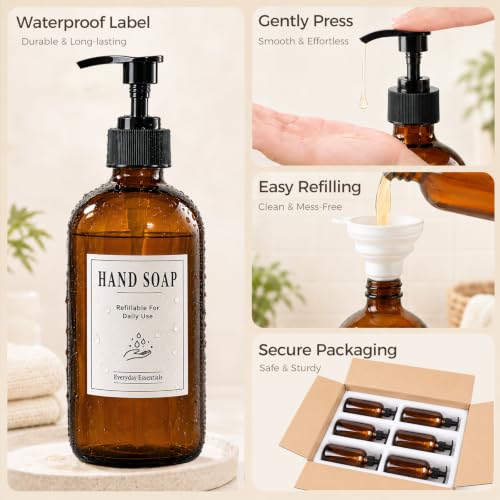 TBWIND 16oz Amber Glass Pump Bottles with Dispensers - Set of 12, UV-Protected, Refillable