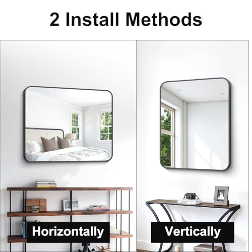 30x36 Inch Black Bathroom Mirror - Rounded Corner Wall Mount Vanity Mirror with Frame, Horizontal or Vertical Hang, Safety Glass