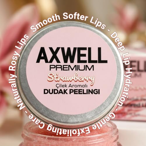 Axwell Lip Scrub for Dry Lips - Strawberry Exfoliant with Salt Crystals & Vitamin E, 1 fl oz