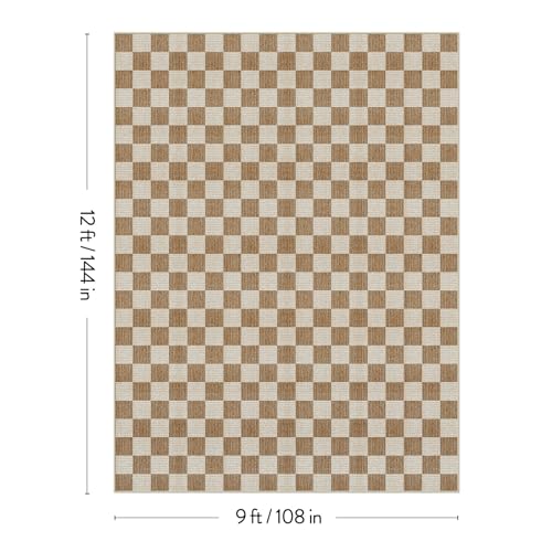 9x12 Checkered Washable Area Rug - Brown Non-Slip Living Room Carpet