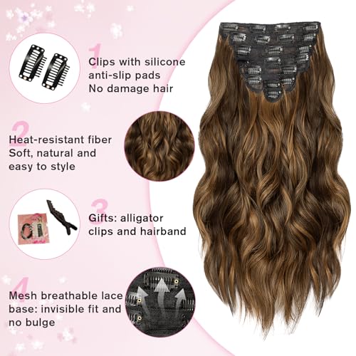 Clip-In Hair Extensions 8PCS 20 Inch Wavy Dark Brown & Light Brown Mix - Synthetic Lace Weft for Women