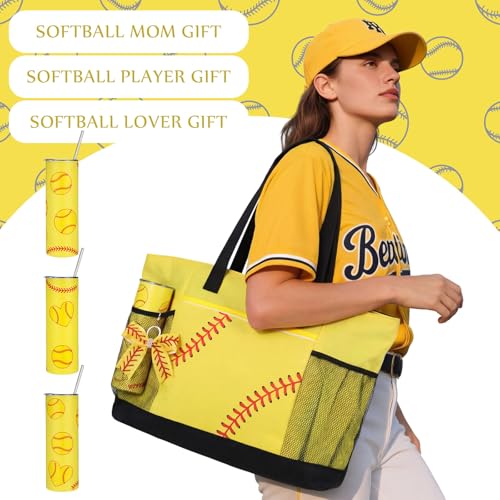 Softball Gifts Set with Tote Bag, Makeup Bag, 20 oz Tumbler & Keychain - Softball Themed Birthday Gift
