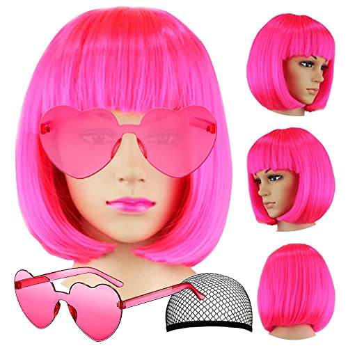 LIULIUBTY Hot Pink Short Bob Wig with Bangs & Heart Sunglasses 6Pcs Cosplay Halloween