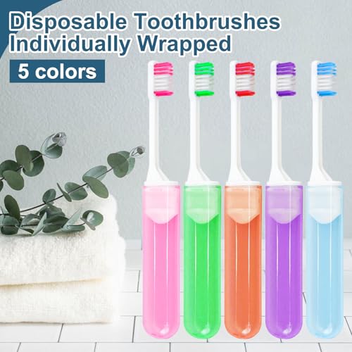 300 Travel Size Disposable Toothbrushes - Individually Wrapped, 5 Colors, Foldable, Bulk Pack of 300