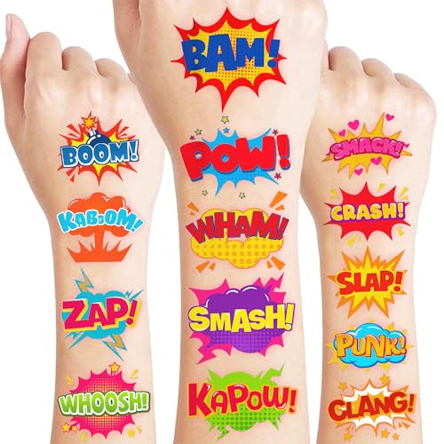 96 PCS Comic Pre-Cut Temporary Tattoos for Kids | Super Cute Pow Wow Boom Zap Themed Birthday Party Favors, Supplies, Decorations, Fake Tattoo Stickers, School Rewards Gifts for Boys & Girls