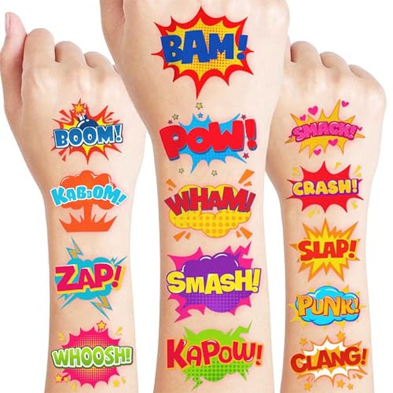 96 PCS Comic Pre-Cut Temporary Tattoos for Kids | Super Cute Pow Wow Boom Zap Themed Birthday Party Favors, Supplies, Decorations, Fake Tattoo Stickers, School Rewards Gifts for Boys & Girls