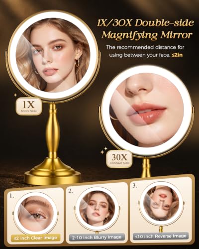 SANFANGIE Brushed Gold 8-Inch Double-Sided Makeup Mirror with Lights, 1X/30X Magnification