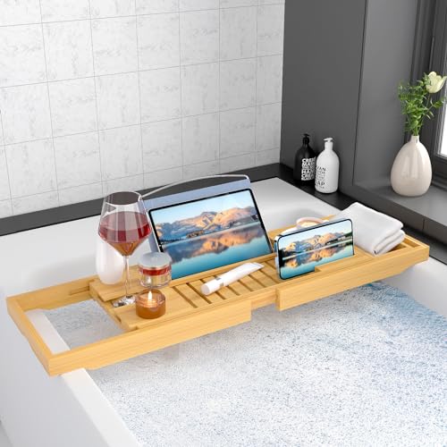Luxury Bamboo Bathtub Caddy Tray with Book & Wine Holder - Waterproof Spa Accessory