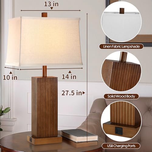 Walnut Wood Table Lamps Set of 2 with USB-C Ports, 2700K-5000K Bulb, Beig e Linen Shade