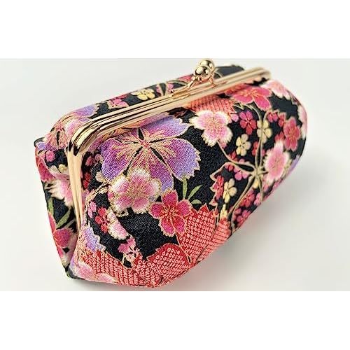 Kiss Lock Small Makeup Bag for Purse [ Made in Japan] Traditional Edo Komon Design Cute Cosmetic Pouch (Cherry blossom (Black))