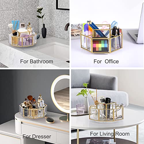 Hipiwe Octagon 360° Rotating Glass Makeup Organizer with 5 Slots - Gold Frame
