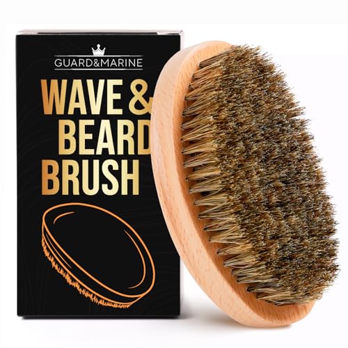 GUARD&MARINE Wave & Beard Brush for Men ? Natural Boar Bristles, Palm Curve Design, Wood Handle ? Shapes 360 Waves & Softens Beard