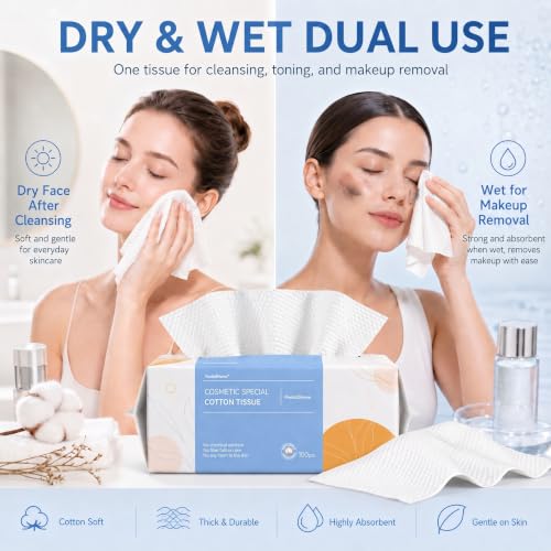 Disposable Face Towels 100 Count Pack of 3 - Soft Cotton Dry Wipes for Face & Makeup Removal