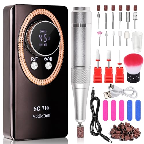 Electric Nail File for Acrylic Nail Kit 45000RPM Electric Black Nail Drill Professional Manicure Pedicure Set with Nail Drill Kit Bits Efile Cordless for Manicure