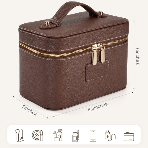 Brown Coffee Leather Makeup Bag Travel Toiletry Organizer with Removable Waterproof Divider