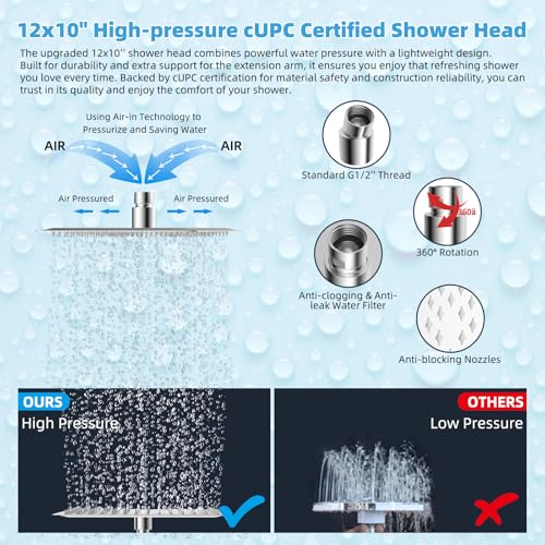 Square 12-Inch Metal Rain Shower Head with Handheld Sprays & Extension Arm - Chrome