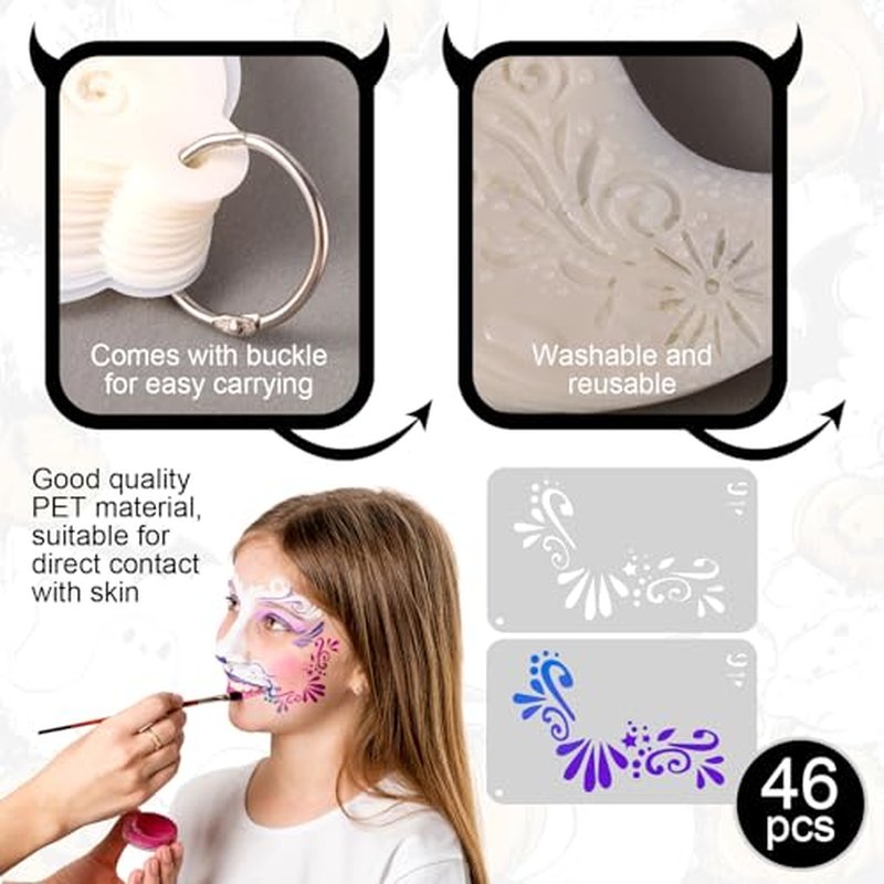 46pcs Face Paint Stencils, Premium Reusable Halloween Body and Face Painting Templates Practical Accessories for Halloween Party Makeup
