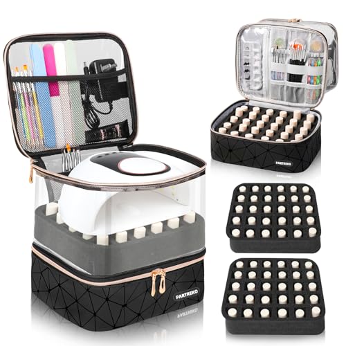 Black Double-Layer Nail Polish Organizer Bag Holds 60 Bottles & UV Lamp