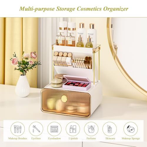FOLLOWIN Amber 3-Tier Makeup Organizer with Drawer for Vanity & Bathroom
