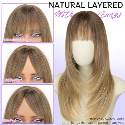 Ombre Blonde Layered Wig with Bangs - Beginner Friendly Synthetic Hair